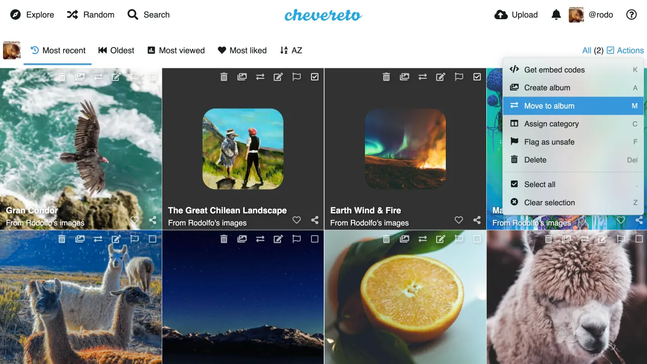 Captura de pantalla de la interfaz de Chevereto